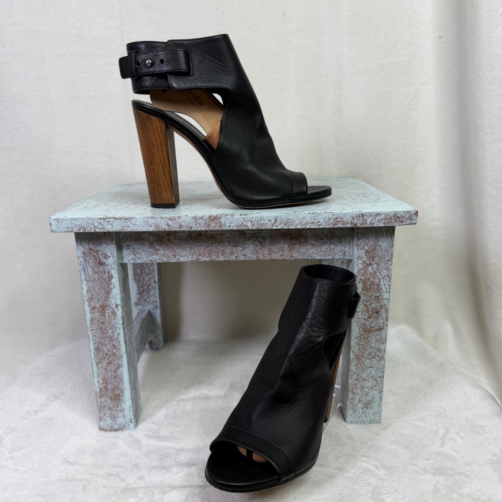 Vince Addie‎ Heeled Sandals Womens 7.5 Black Leather Wood Block Heel Peep Toe